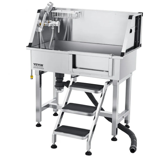 K2E01004 - Stainless Steel Dog Grooming Tub with Stairs & Leakproof Design