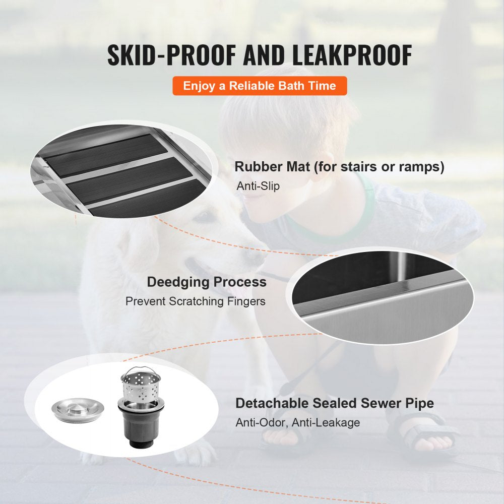 K1E01016 - Professional Stainless Steel Dog Bathing Tub with Ramp, Supports 220 lbs