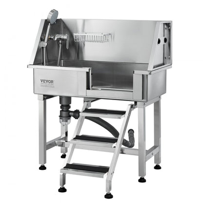 K1E01016 - Professional Stainless Steel Dog Bathing Tub with Ramp, Supports 220 lbs