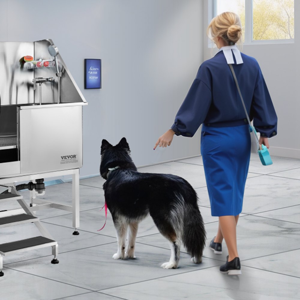 K1E01017 - 38" Stainless Steel Dog Bathing Station with Easy Access Ramp