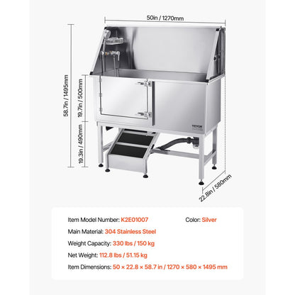 K2E01007 - 50" Stainless Steel Dog Bath Tub with Ramp & Water Filter