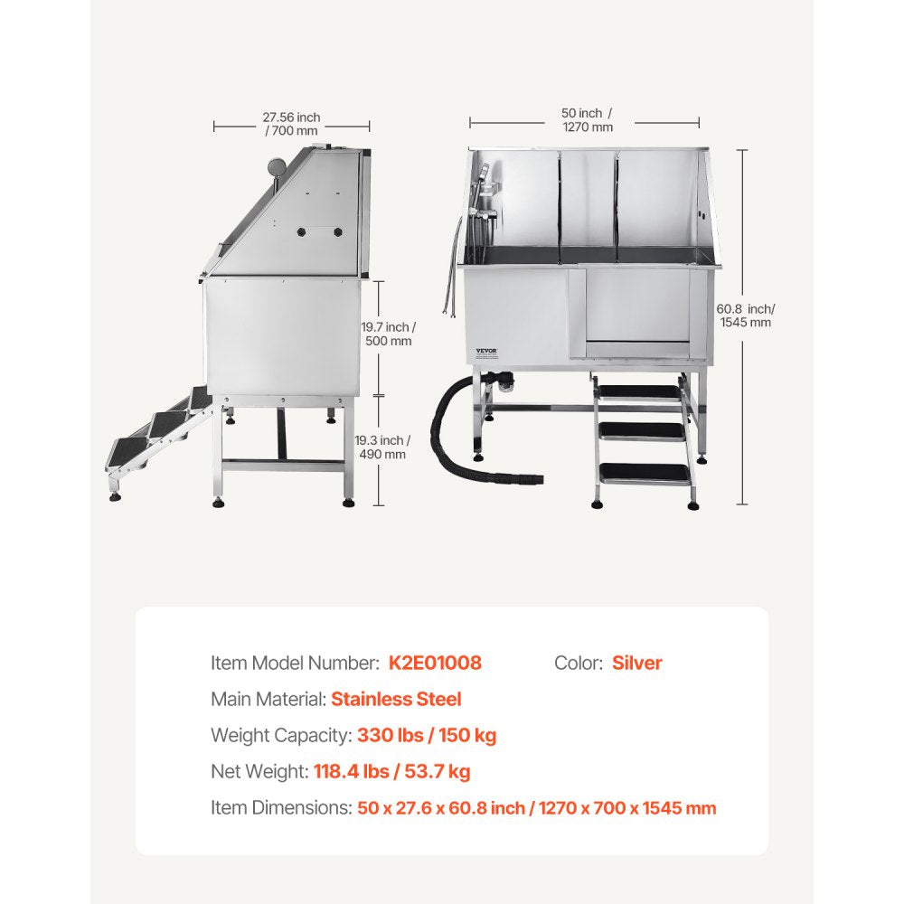 K2E01008 - 50" Stainless Steel Dog Bath Tub with Hot/Cold Faucet
