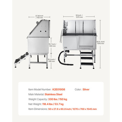 K2E01008 - 50" Stainless Steel Dog Bath Tub with Hot/Cold Faucet