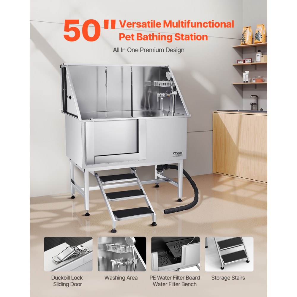 K2E01009 - 50" Stainless Steel Dog Bath Tub with Dual-Control Showerhead