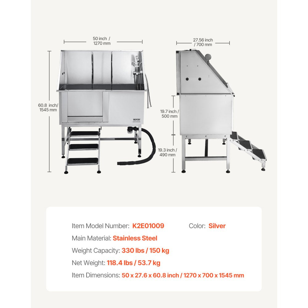 K2E01009 - 50" Stainless Steel Dog Bath Tub with Dual-Control Showerhead