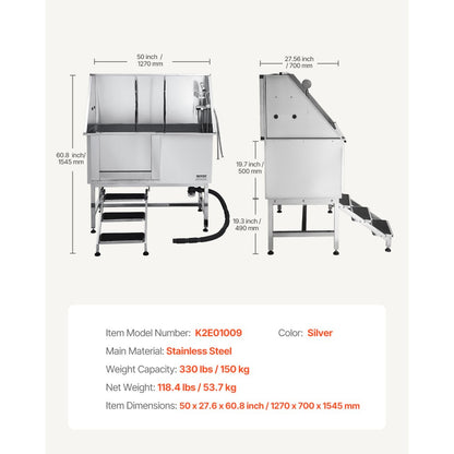 K2E01009 - 50" Stainless Steel Dog Bath Tub with Dual-Control Showerhead