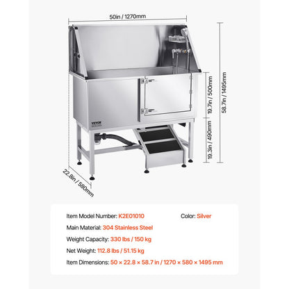 K2E01010 - Stainless Steel 50" Dog Bath Tub, Corrosion Resistant & Leak Proof