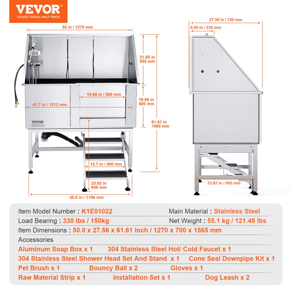 K1E01022 - 50" Stainless Steel Dog Bathing Station with Stairs and Soap Box