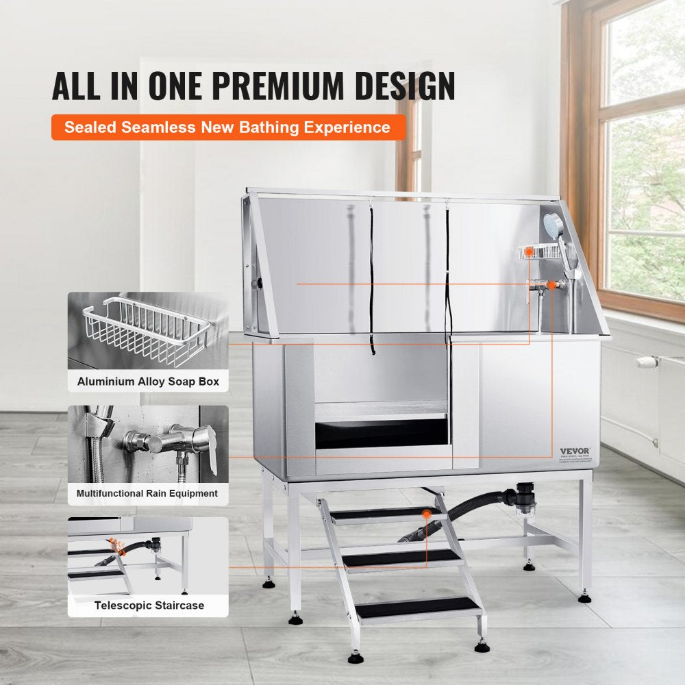 K1E01021 - Durable 50" Stainless Steel Dog Grooming Tub with Stairs