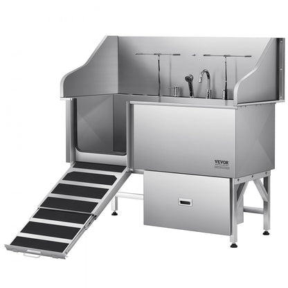 K2E01005 - 61" Stainless Steel Dog Bath Tub with Ramp & Water Filter