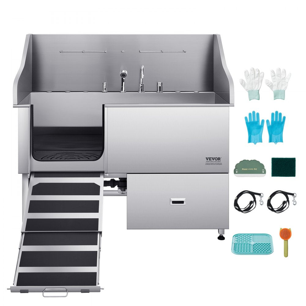 K2E01005 - 61" Stainless Steel Dog Bath Tub with Ramp & Water Filter