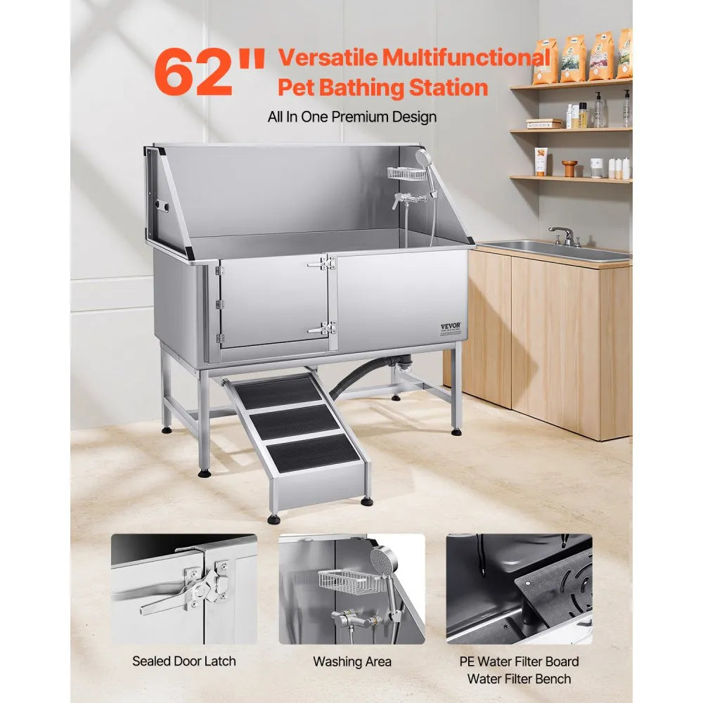K2E01011 - 62 Inch Stainless Steel Dog Grooming Bathtub with Ramp