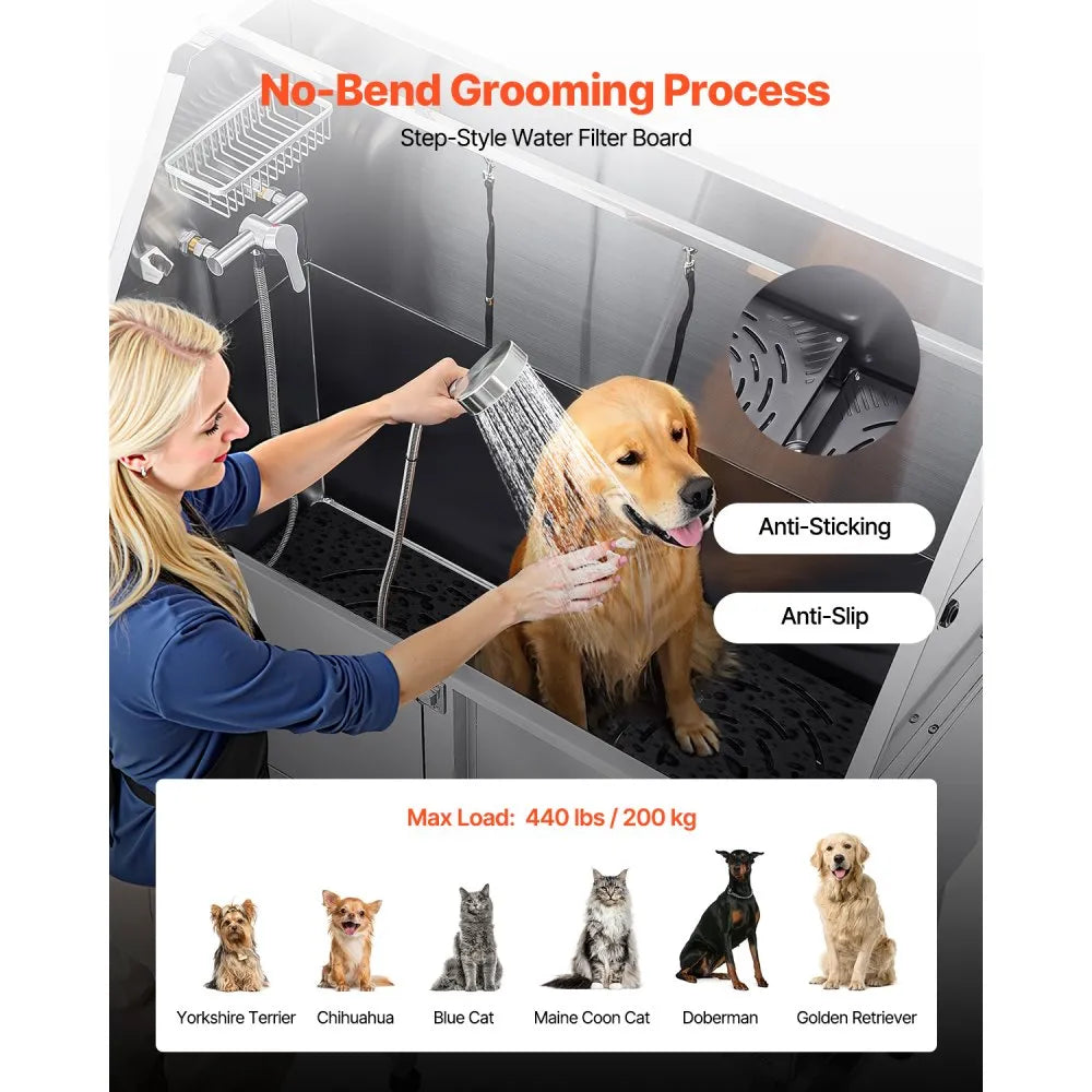 K2E01011 - 62 Inch Stainless Steel Dog Grooming Bathtub with Ramp