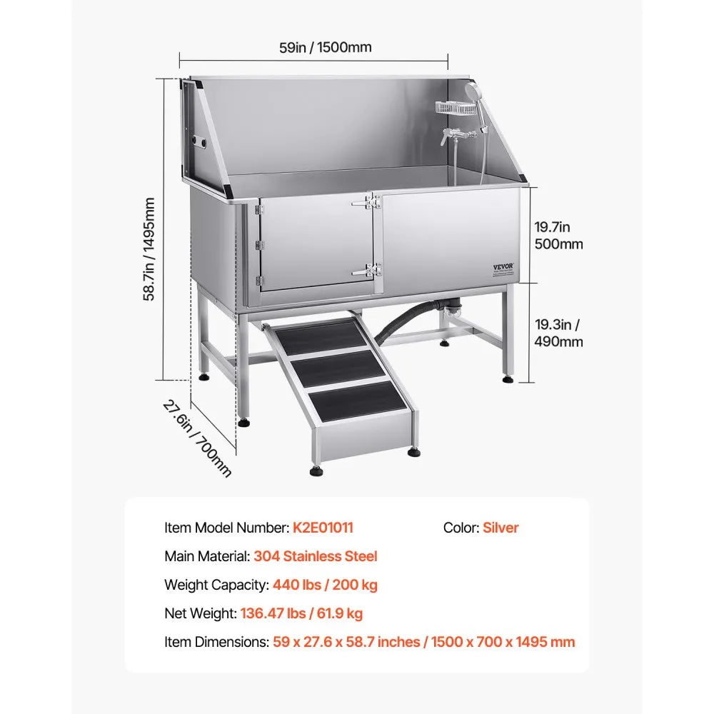 K2E01011 - 62 Inch Stainless Steel Dog Grooming Bathtub with Ramp