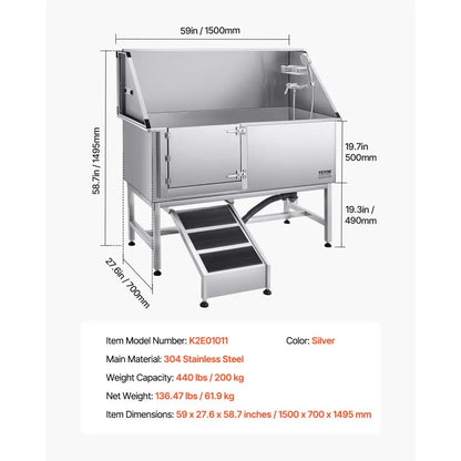 K2E01011 - 62 Inch Stainless Steel Dog Grooming Bathtub with Ramp