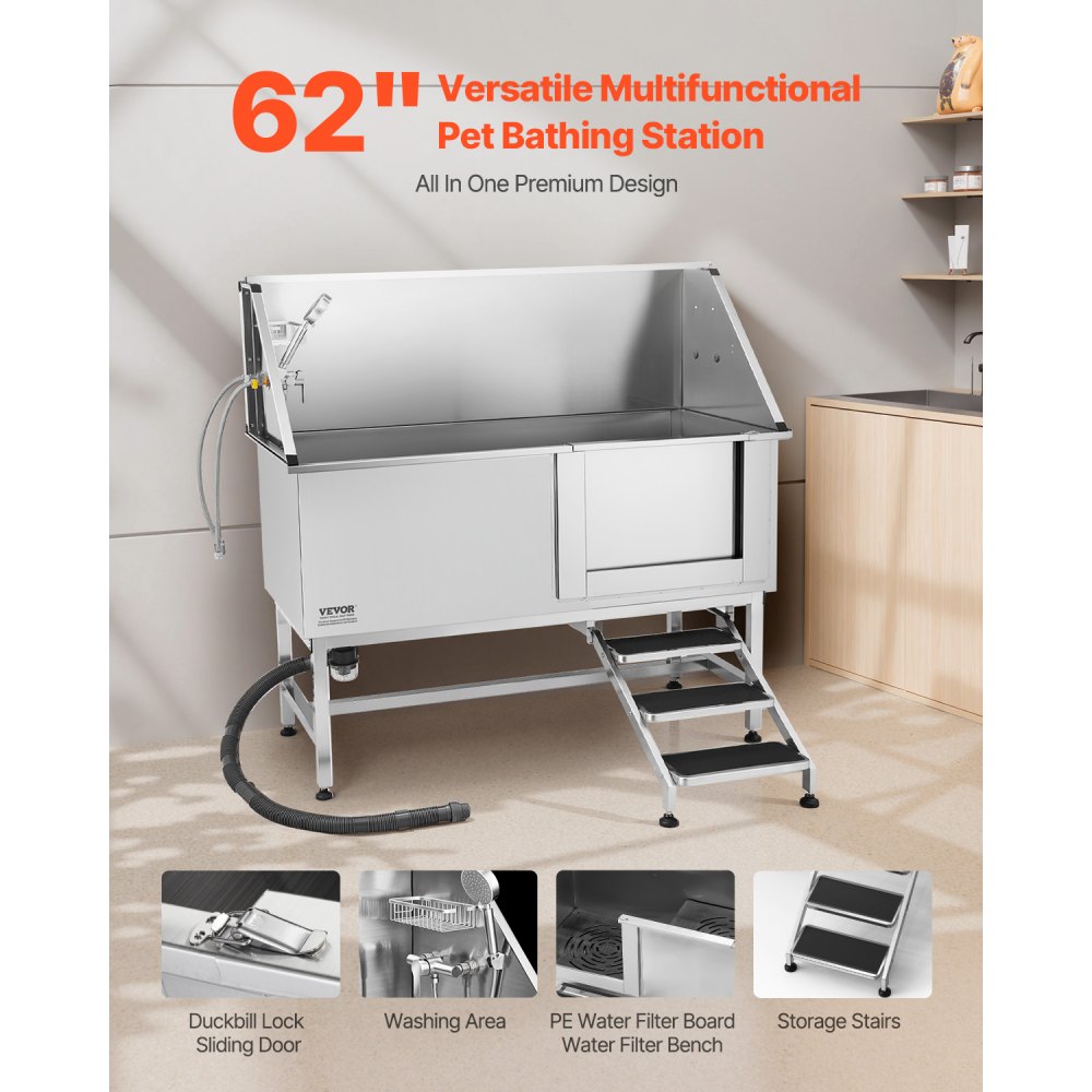 K2E01012 - 62-Inch Stainless Steel Pet Grooming Tub with Faucet & Showerhead