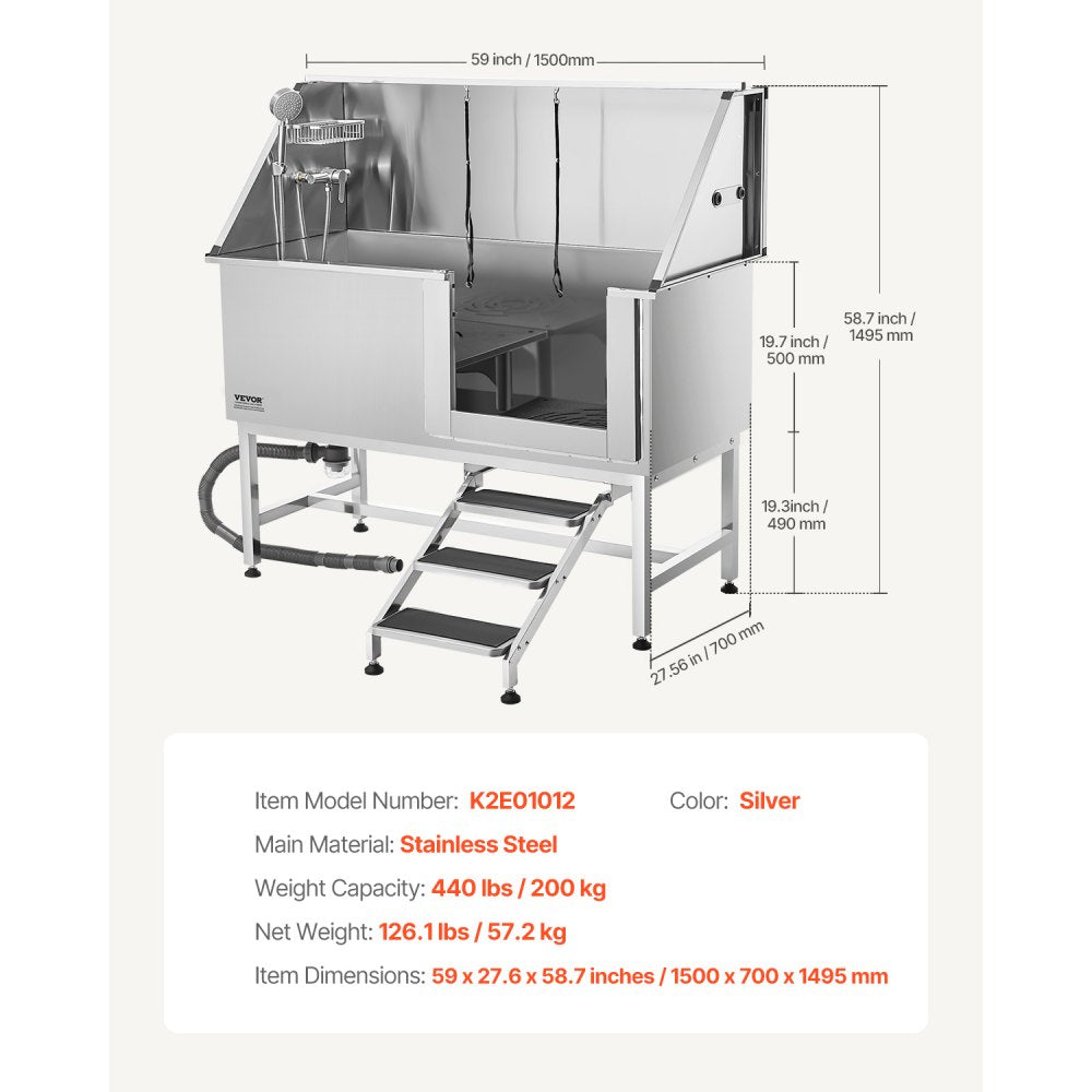K2E01012 - 62-Inch Stainless Steel Pet Grooming Tub with Faucet & Showerhead