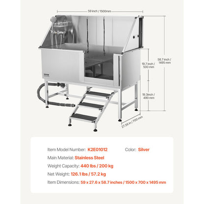 K2E01012 - 62-Inch Stainless Steel Pet Grooming Tub with Faucet & Showerhead