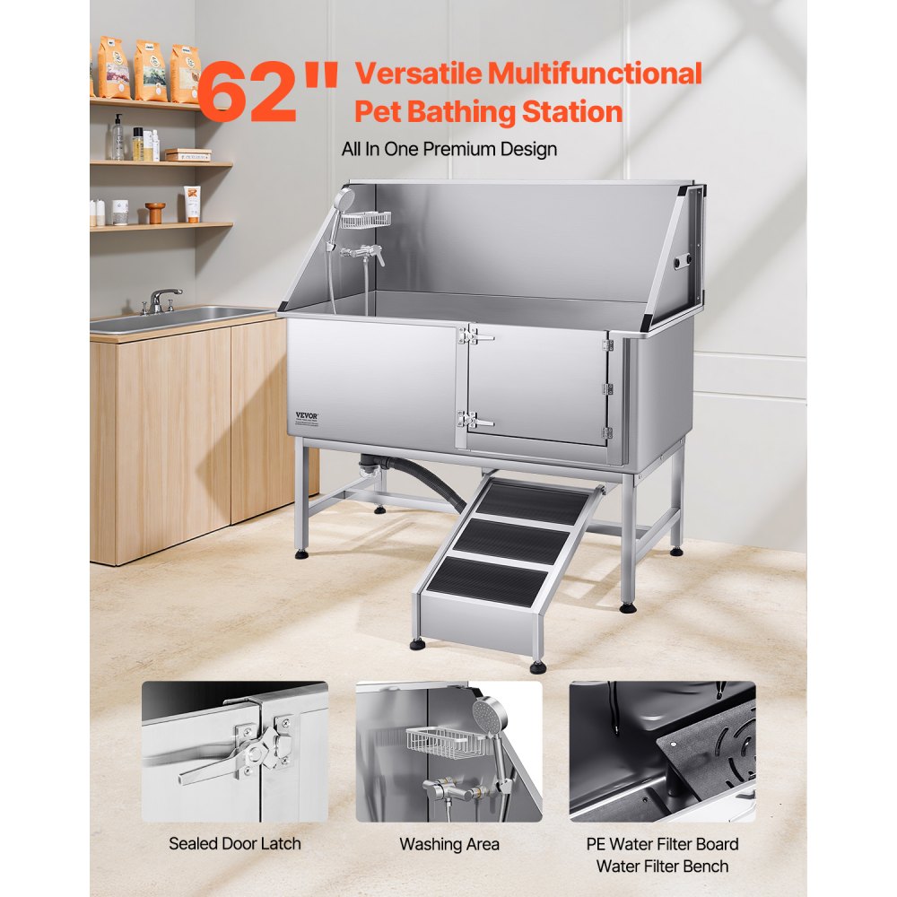 K2E01013 - 62" Stainless Steel Dog Bath Tub with Safety Ramp and Shower Head