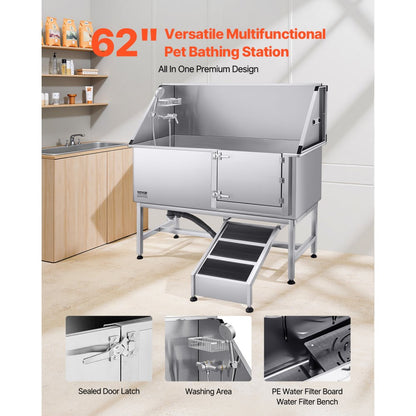 K2E01013 - 62" Stainless Steel Dog Bath Tub with Safety Ramp and Shower Head