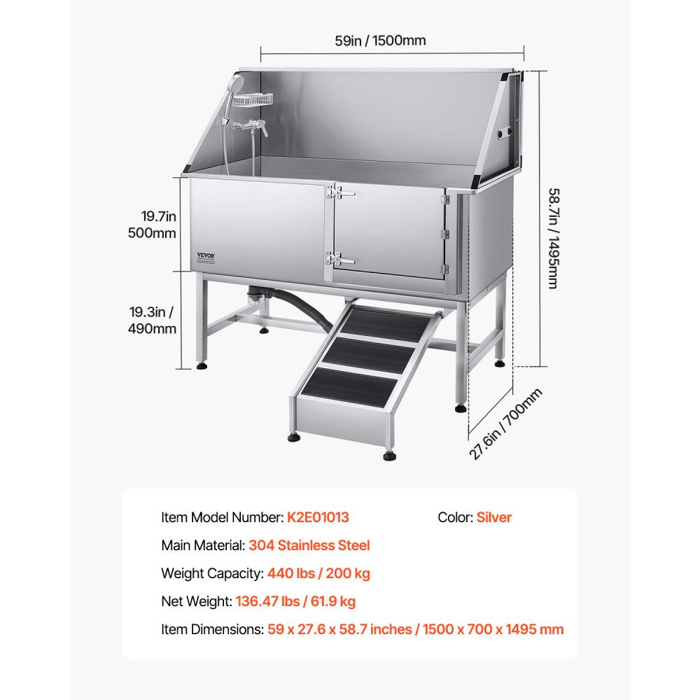 K2E01013 - 62" Stainless Steel Dog Bath Tub with Safety Ramp and Shower Head