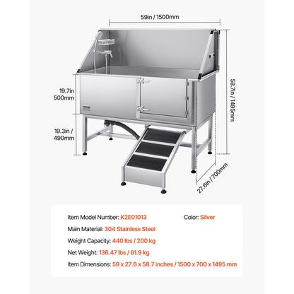 K2E01013 - 62" Stainless Steel Dog Bath Tub with Safety Ramp and Shower Head