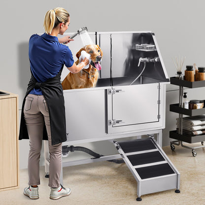 K2E01013 - 62" Stainless Steel Dog Bath Tub with Safety Ramp and Shower Head