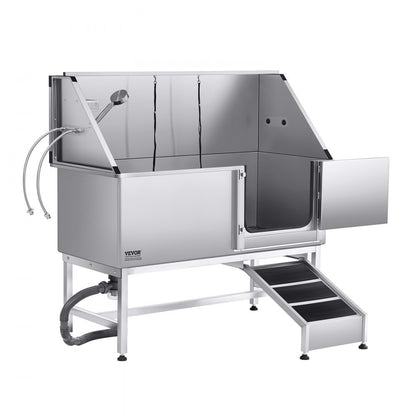 K2E01013 - 62" Stainless Steel Dog Bath Tub with Safety Ramp and Shower Head