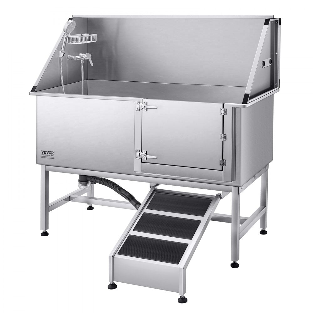 K2E01013 - 62" Stainless Steel Dog Bath Tub with Safety Ramp and Shower Head