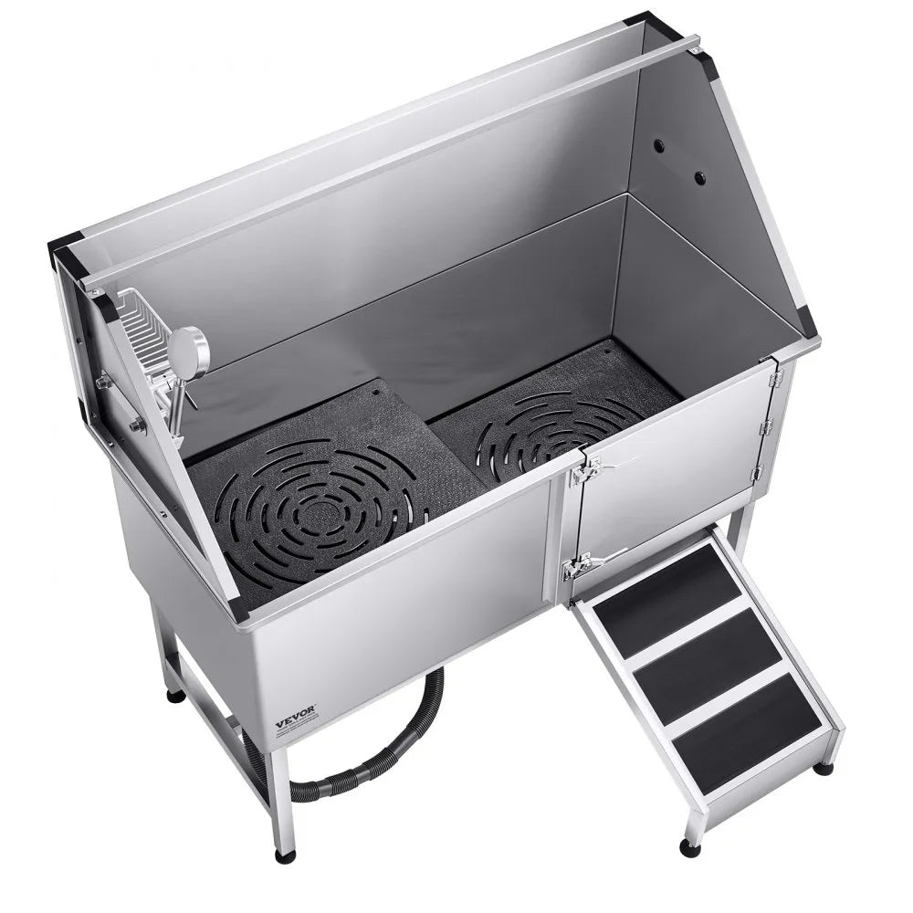 K2E01013 - 62" Stainless Steel Dog Bath Tub with Safety Ramp and Shower Head