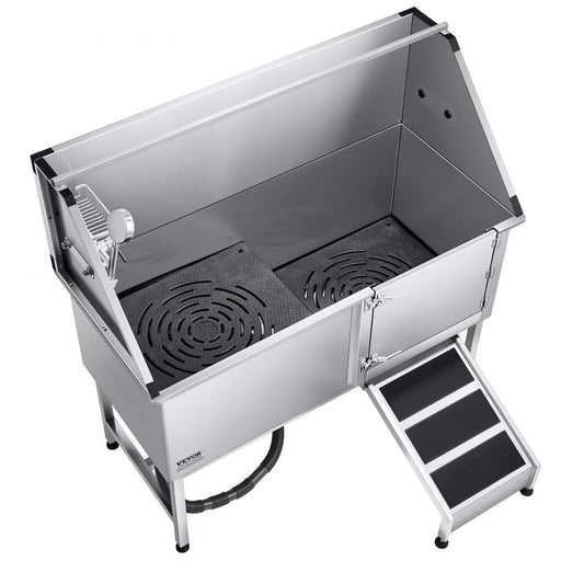 K2E01013 - 62" Stainless Steel Dog Bath Tub with Safety Ramp and Shower Head