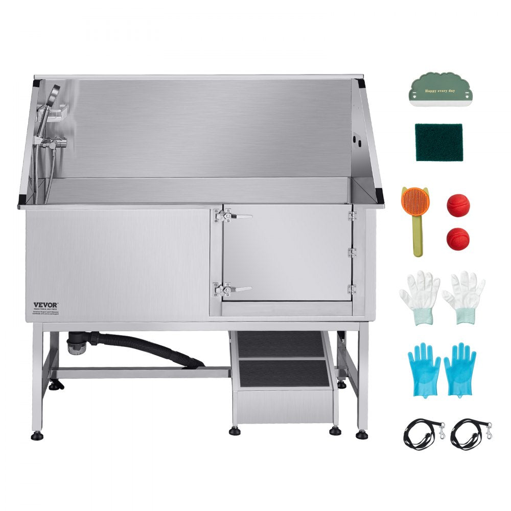 K2E01013 - 62" Stainless Steel Dog Bath Tub with Safety Ramp and Shower Head