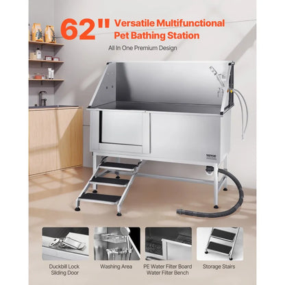K2E01014 - 62-Inch Stainless Steel Dog Bath Tub with Anti-Slip Stairs