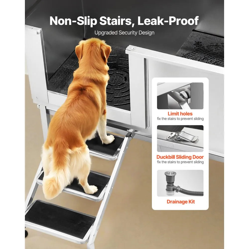 K2E01014 - 62-Inch Stainless Steel Dog Bath Tub with Anti-Slip Stairs