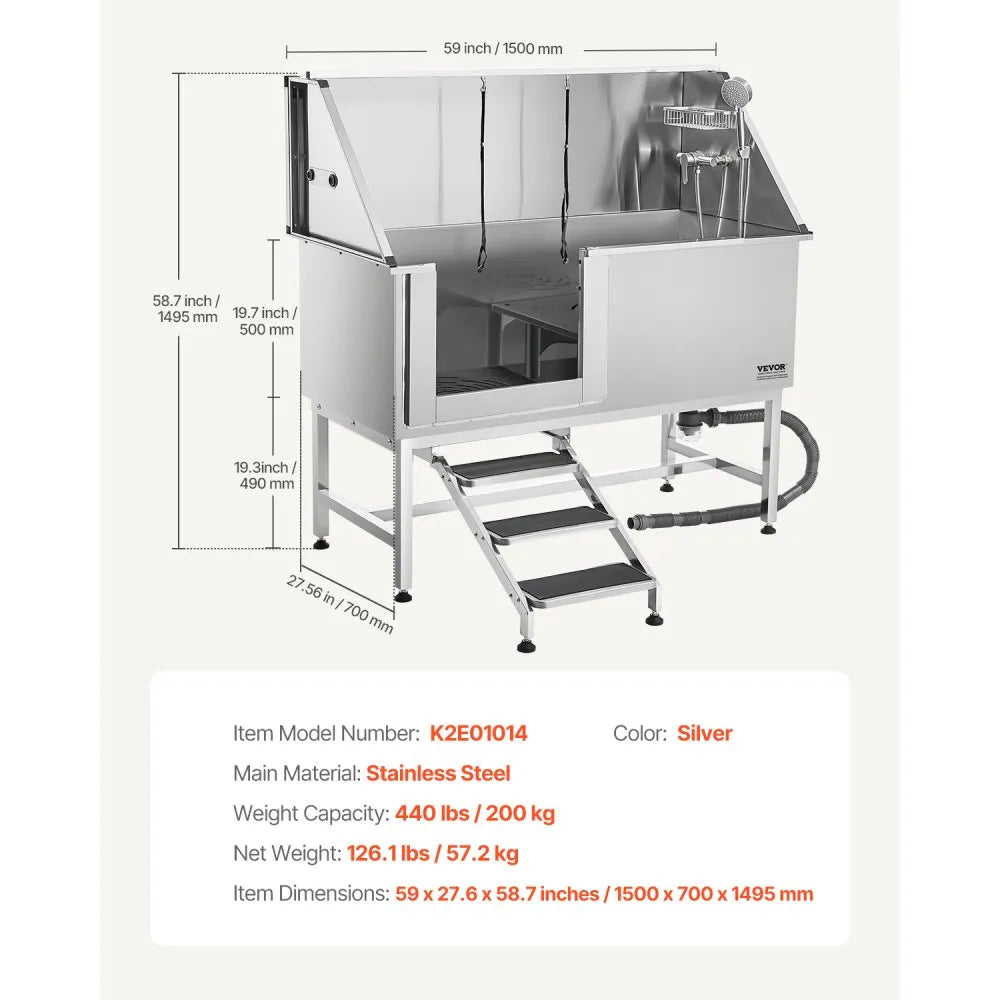 K2E01014 - 62-Inch Stainless Steel Dog Bath Tub with Anti-Slip Stairs