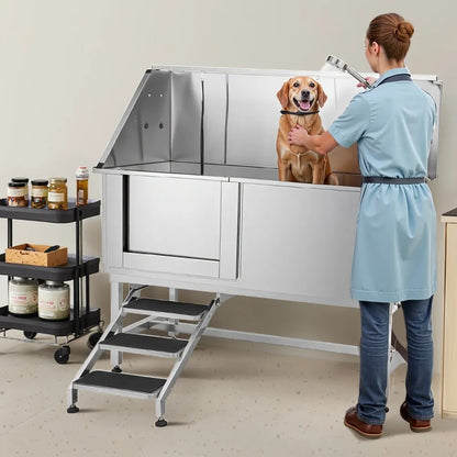 K2E01014 - 62-Inch Stainless Steel Dog Bath Tub with Anti-Slip Stairs