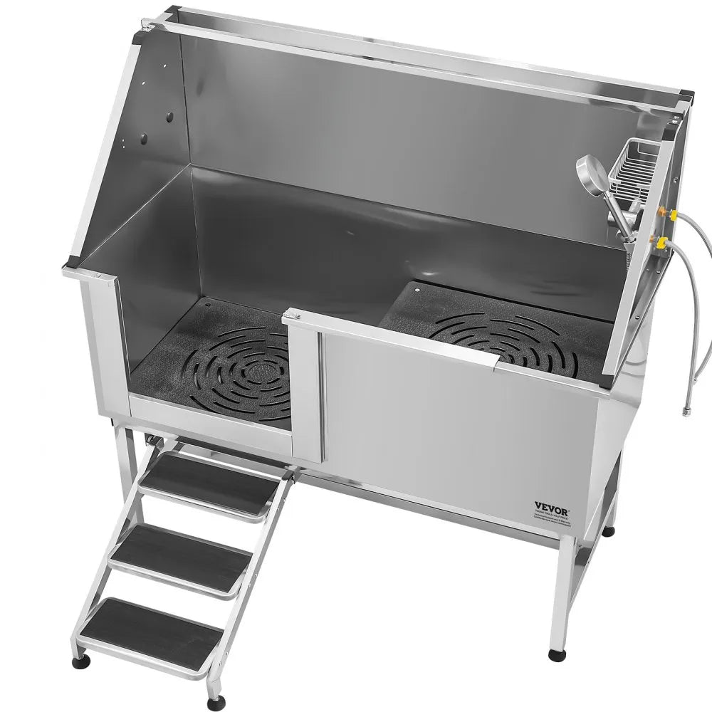 K2E01014 - 62-Inch Stainless Steel Dog Bath Tub with Anti-Slip Stairs