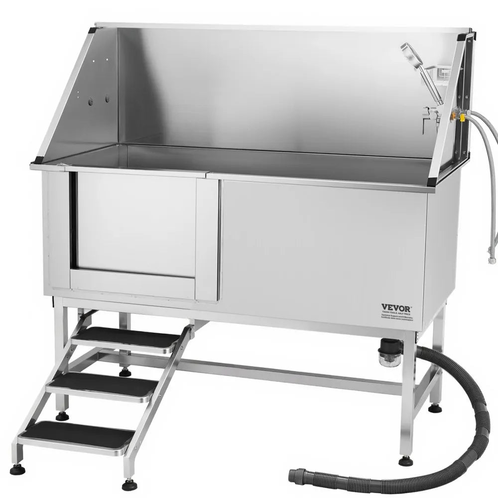 K2E01014 - 62-Inch Stainless Steel Dog Bath Tub with Anti-Slip Stairs