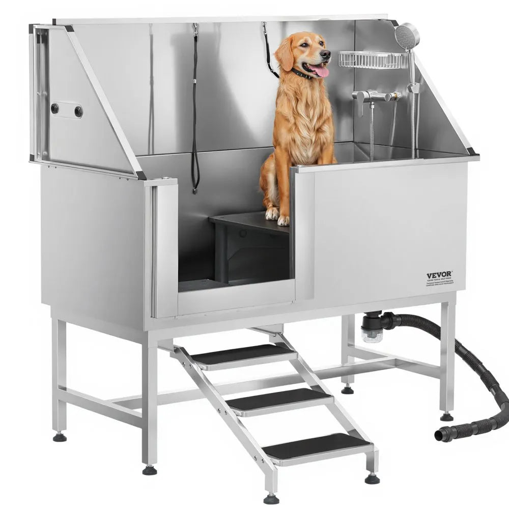 K2E01014 - 62-Inch Stainless Steel Dog Bath Tub with Anti-Slip Stairs