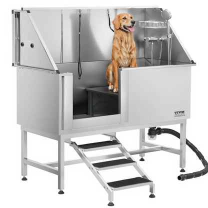 K2E01014 - 62-Inch Stainless Steel Dog Bath Tub with Anti-Slip Stairs