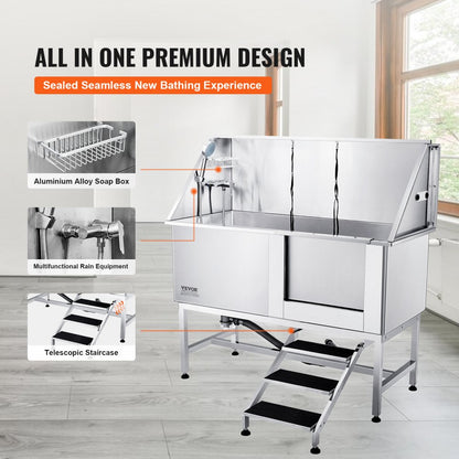 K1E01026 - Stainless Steel Pet Bathing Station with Stairs, 62" Setup Ready