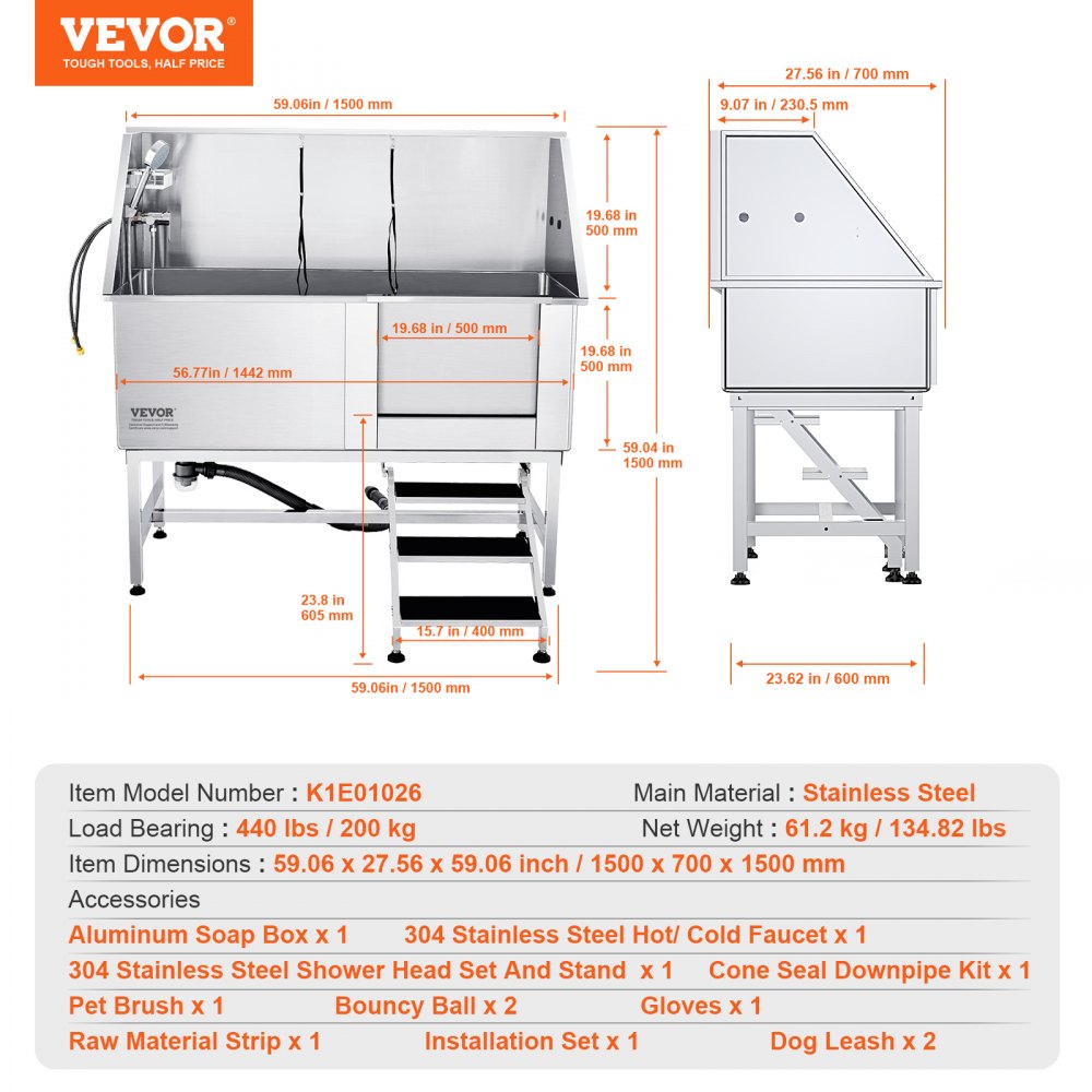 K1E01026 - Stainless Steel Pet Bathing Station with Stairs, 62" Setup Ready