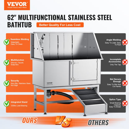 K1E01026 - Durable 62" Stainless Steel Dog Bathing Station with Ramp