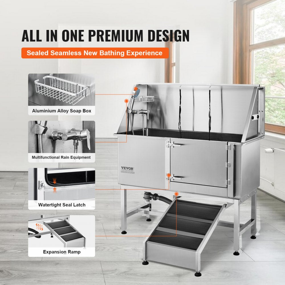 K1E01026 - Durable 62" Stainless Steel Dog Bathing Station with Ramp