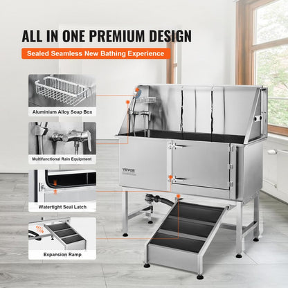 K1E01026 - Durable 62" Stainless Steel Dog Bathing Station with Ramp