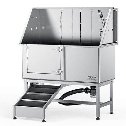 K1E01023 - 62" Stainless Steel Dog Grooming Tub with Ramp & Safety Gate