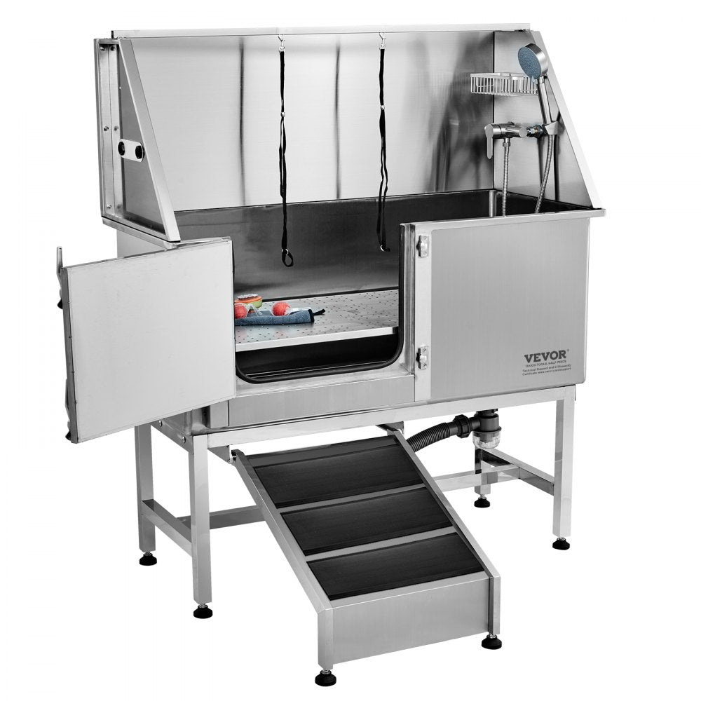 K1E01023 - 62" Stainless Steel Dog Grooming Tub with Ramp & Safety Gate