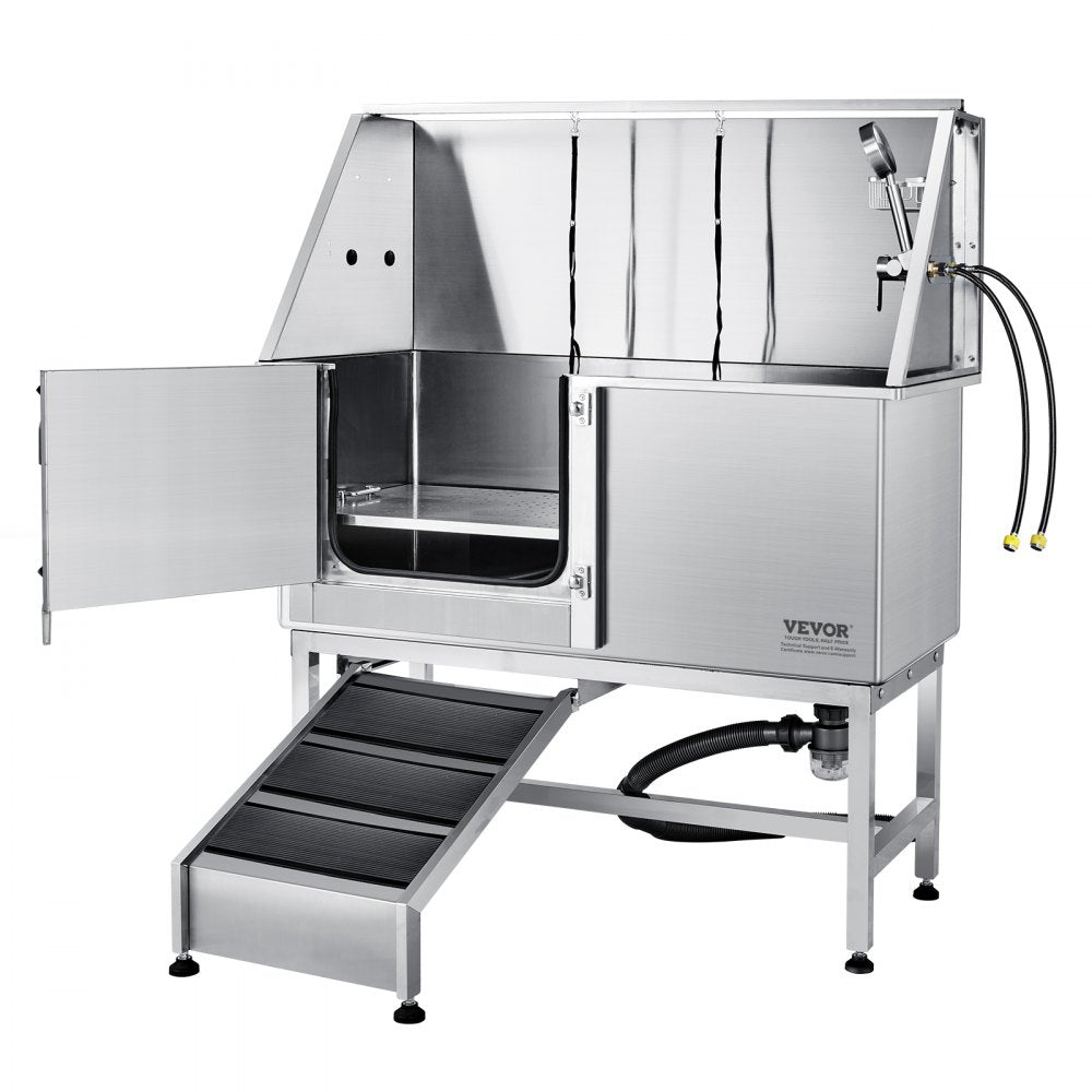 K1E01023 - 62" Stainless Steel Dog Grooming Tub with Ramp & Safety Gate