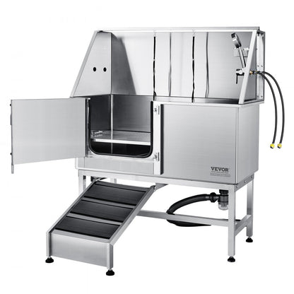 K1E01023 - 62" Stainless Steel Dog Grooming Tub with Ramp & Safety Gate