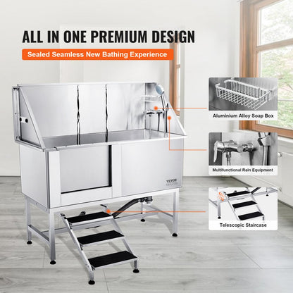 K1E01025 - Stainless Steel 62" Dog Bathing Station with Safety Stairs
